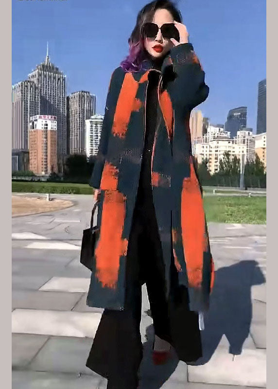 Fine Orange Print Woolen Loose Circle Winter Trench Coats