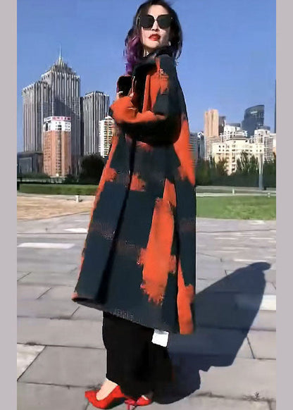 Fine Orange Print Woolen Loose Circle Winter Trench Coats