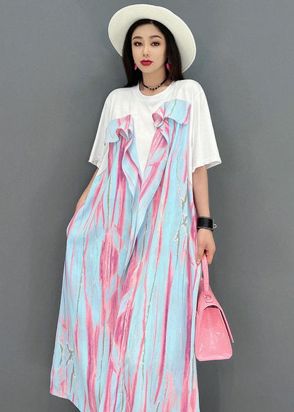 Fine Pink Asymmetrical Patchwork Ruffles Cotton Holiday Dress Short Sleeve