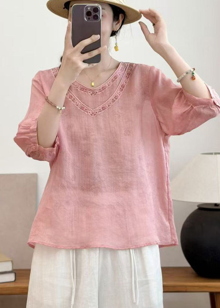 Fine Pink Double-layer Embroidered Linen Tops Summer