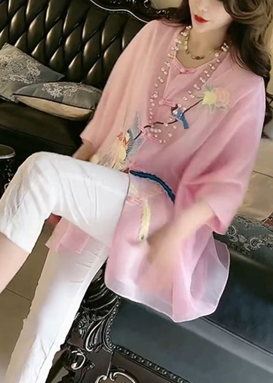 Fine Pink O-neck Embroideried Button Silk Shirt Summer