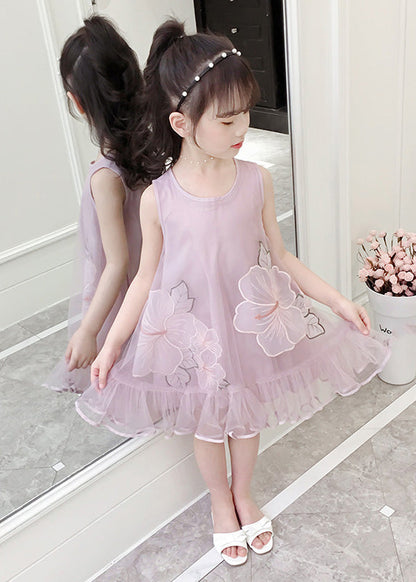 Fine Pink O-neck Patchwork Embroideried Patchwork Tulle Long Dresses Sleeveless