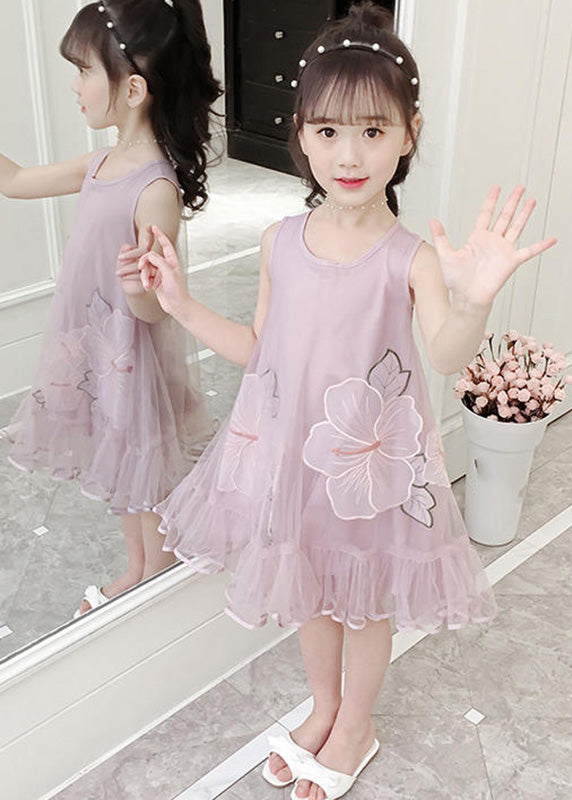 Fine Pink O-neck Patchwork Embroideried Patchwork Tulle Long Dresses Sleeveless