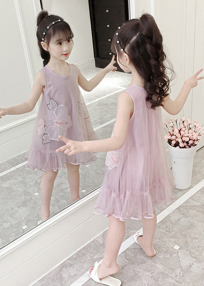 Fine Pink O-neck Patchwork Embroideried Patchwork Tulle Long Dresses Sleeveless