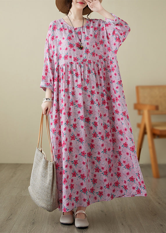 Fine Pink O-neck Print Patchwork Long Dress Spring