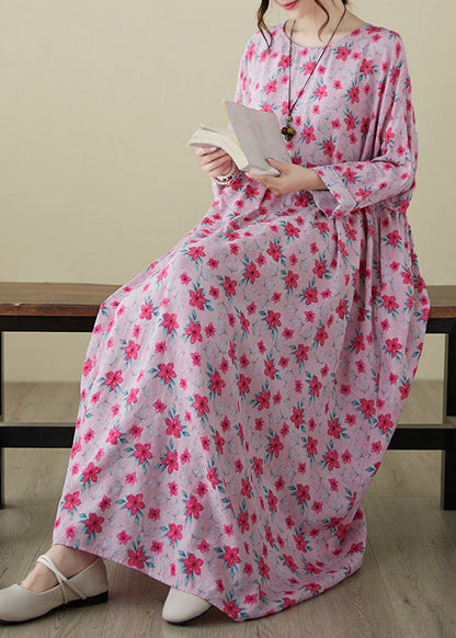 Fine Pink O-neck Print Patchwork Long Dress Spring