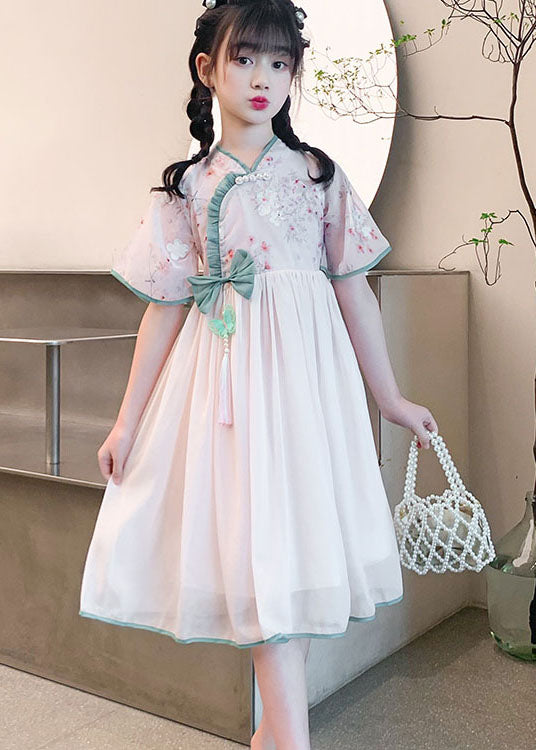 Fine Pink Ruffled Tasseled Patchwork Chiffon Kids Dress Summer