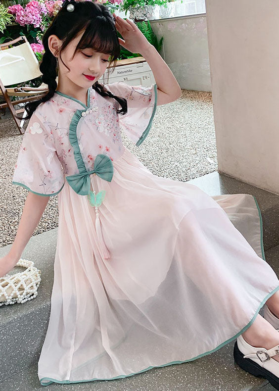 Fine Pink Ruffled Tasseled Patchwork Chiffon Kids Dress Summer