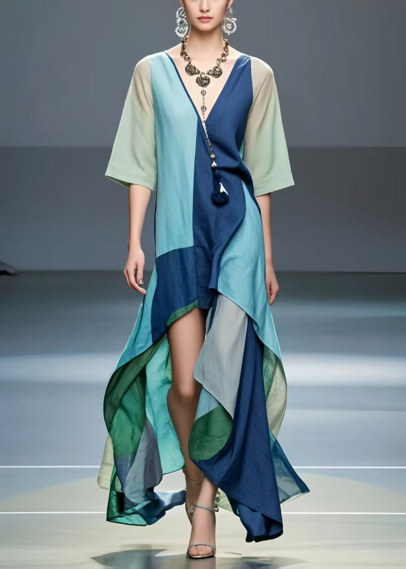 Fine Polychrome Asymmetrical Low High Design Cotton Dresses Summer