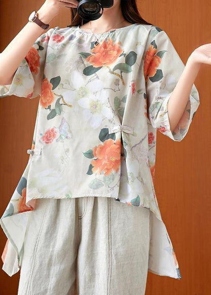 Fine Print Low High Design Oriental Linen Summer Blouse Top