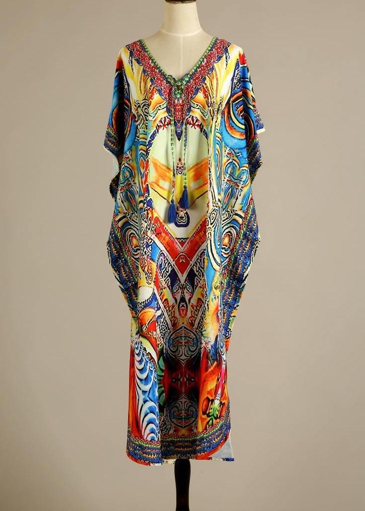 Fine Print Tie Chiffon Loose Kimono Robe Maxi Dress