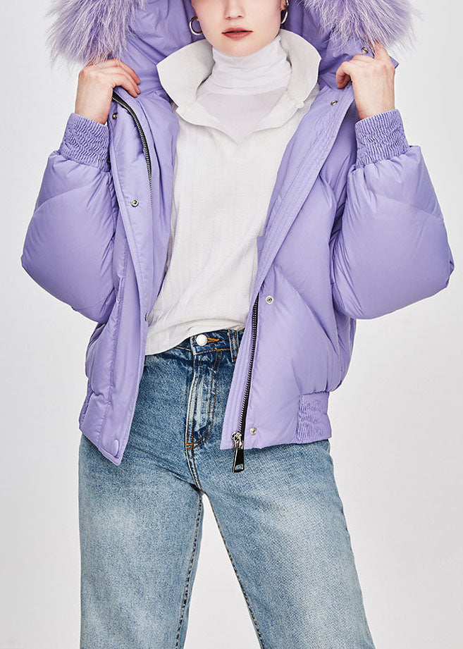 Fine Purple Fur Collar Hooded Loose Winter Duck Down Puffer Jacket