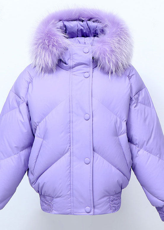Fine Purple Fur Collar Hooded Loose Winter Duck Down Puffer Jacket