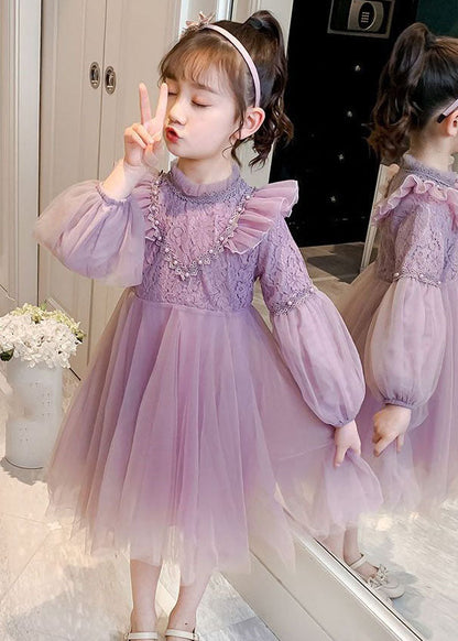 Fine Purple Ruffled Lace Patchworknail Bead Tulle Maxi Dresses Fall