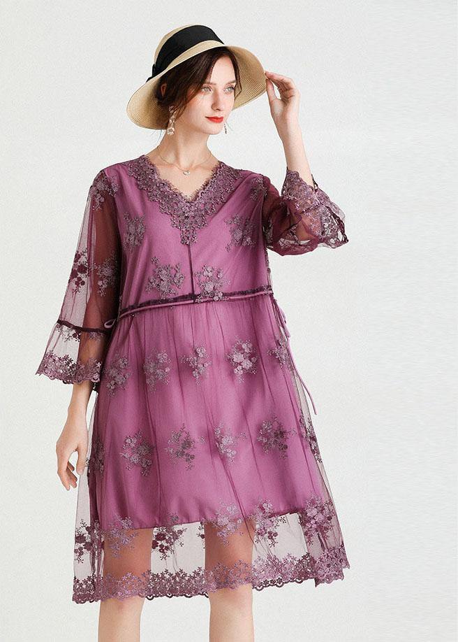Fine Purple Tulle Embroideried Patchwork Spring Flare Sleeve Dress