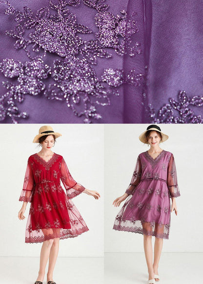Fine Purple Tulle Embroideried Patchwork Spring Flare Sleeve Dress