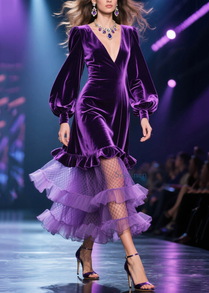 Fine Purple Tulle Ruffled Patchwork Velvet Long Dress Spring