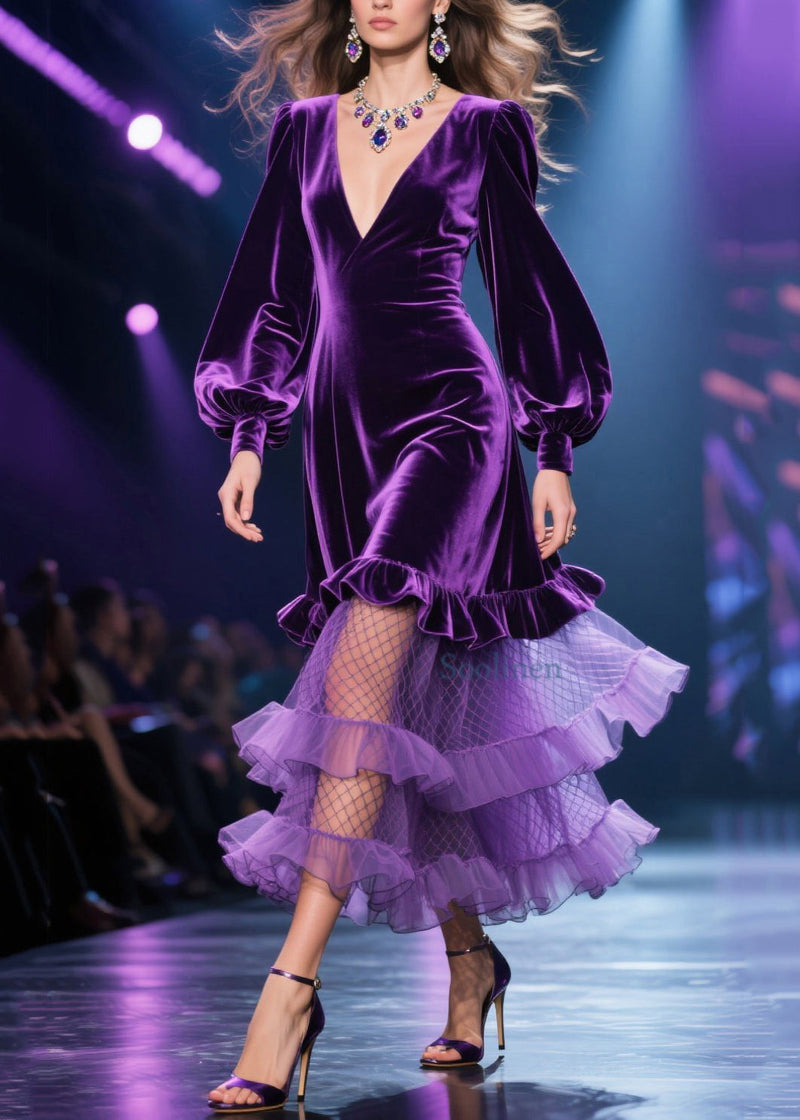 Fine Purple Tulle Ruffled Patchwork Velvet Long Dress Spring