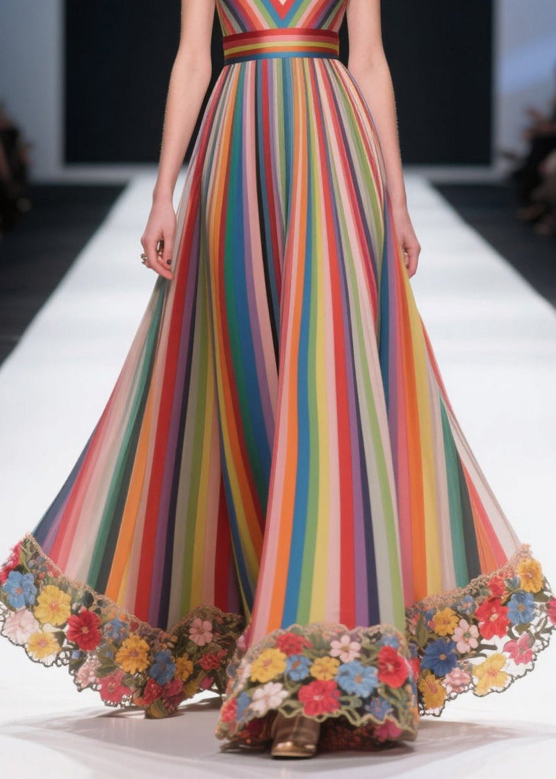 Fine Rainbow Striped Patchwork Multicolor Flower Chiffon Tunic Dress Summer