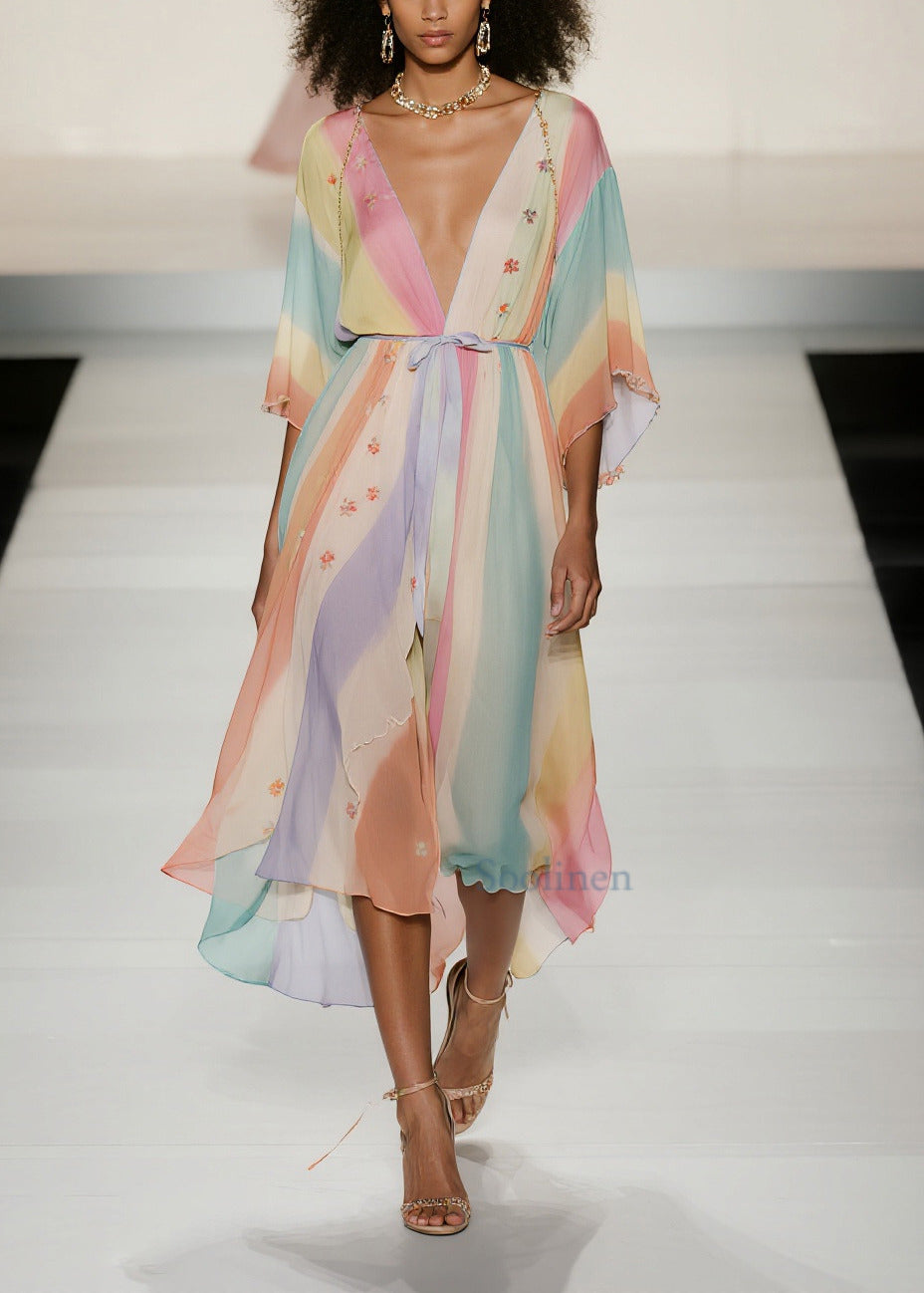 Fine Rainbow Tie Waist Print Chiffon Holiday Dress Summer