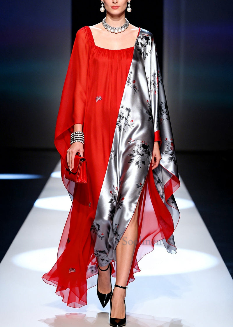 Fine Red Asymmetrical Patchwork Chiffon Long Dresses Summer