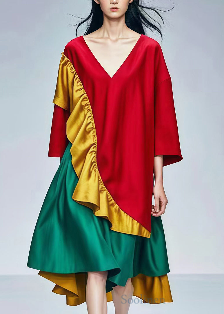 Fine Red Asymmetrical Ruffles Cotton Dress Summer
