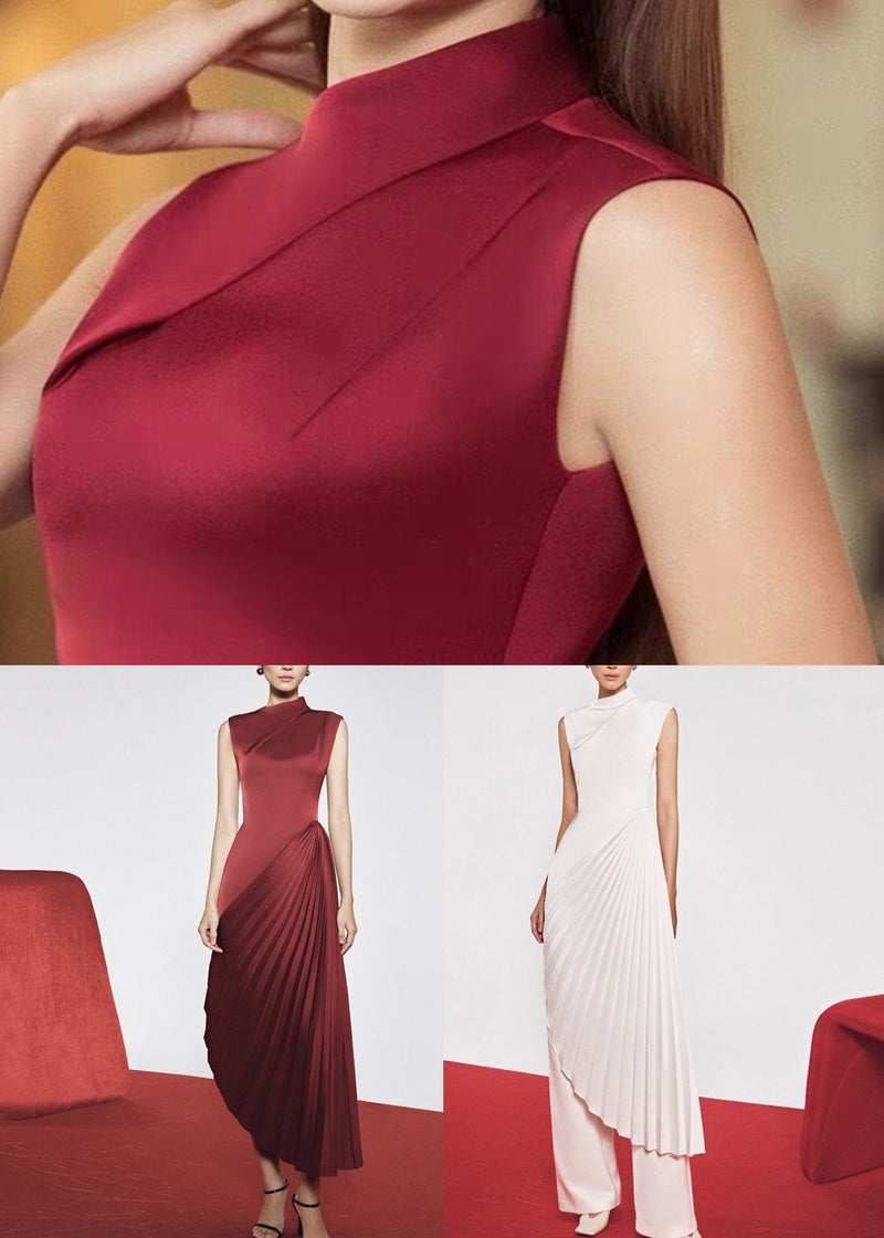 Fine Red Asymmetrical Wrinkled Silk Long Dress Sleeveless