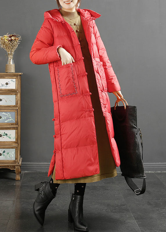 Fine Red Embroidered Side Open Button Duck Down Hooded Down Coat Long Sleeve