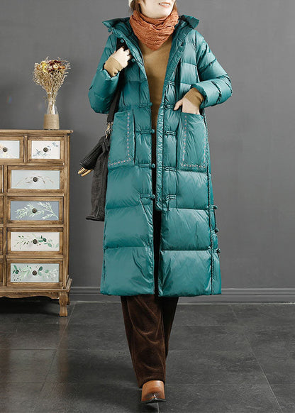 Fine Red Embroidered Side Open Button Duck Down Hooded Down Coat Long Sleeve