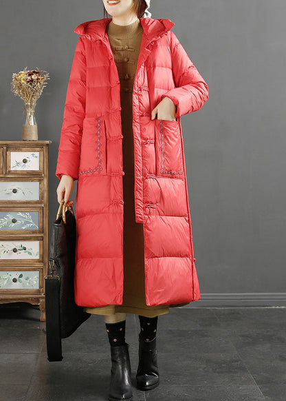 Fine Red Embroidered Side Open Button Duck Down Hooded Down Coat Long Sleeve