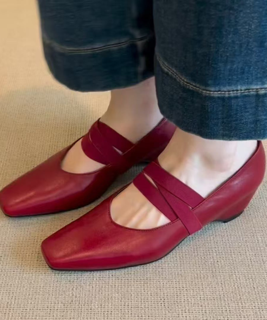 Fine Red Genuine Leather High Heels Lace Up High Heels