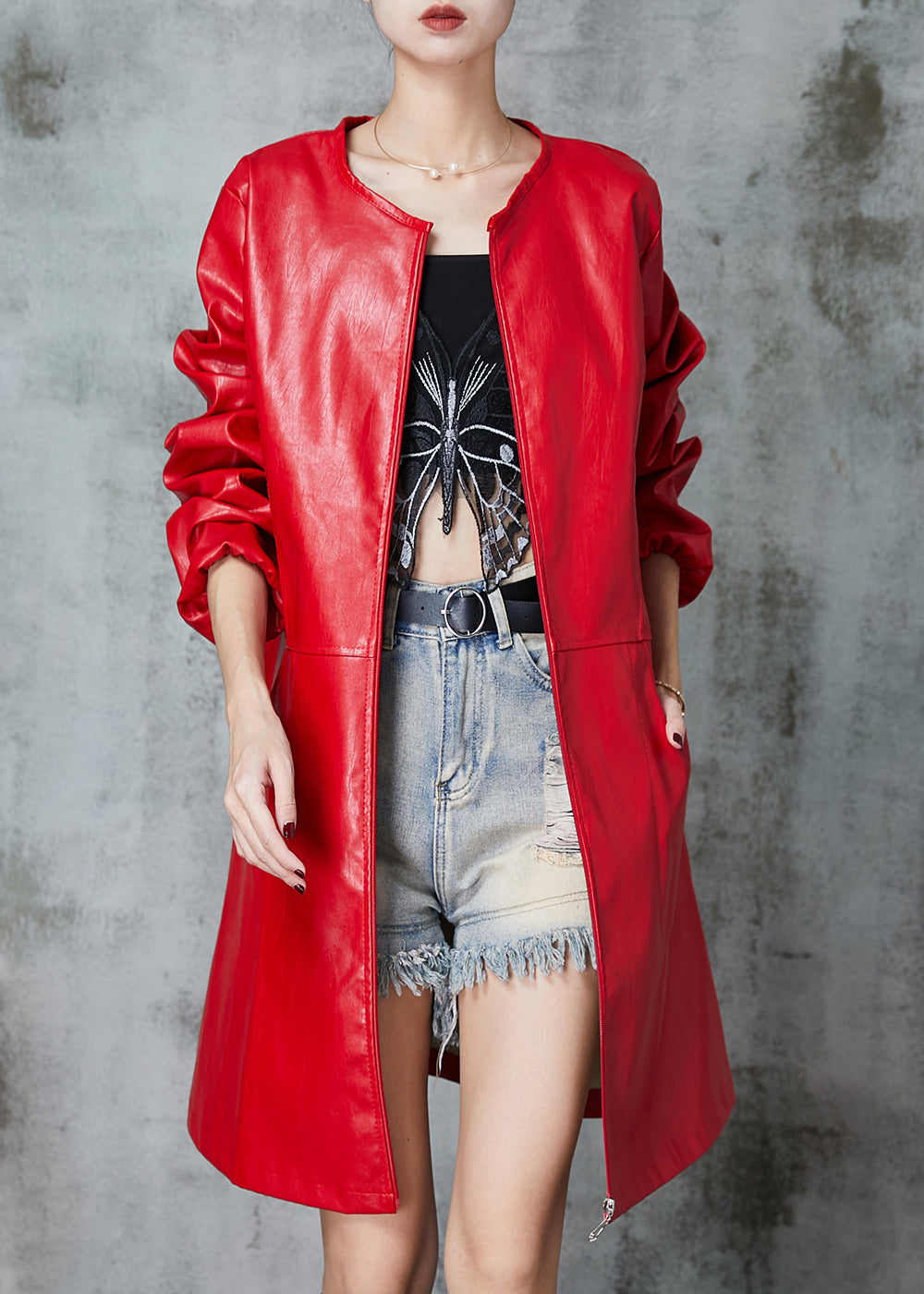 Fine Red O-neck Patchwork Faux Leather Trench Spring