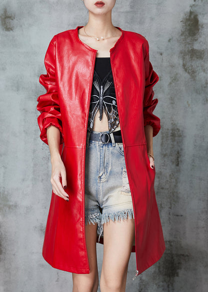 Fine Red O-neck Patchwork Faux Leather Trench Spring