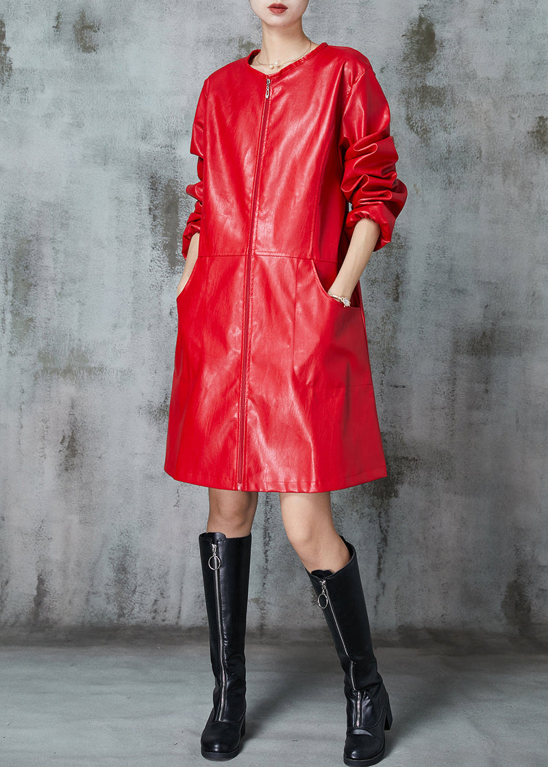 Fine Red O-neck Patchwork Faux Leather Trench Spring
