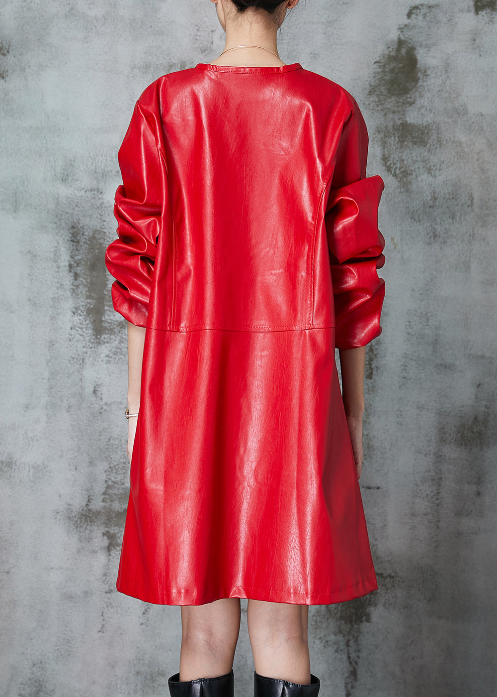 Fine Red O-neck Patchwork Faux Leather Trench Spring
