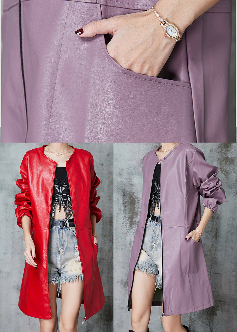 Fine Red O-neck Patchwork Faux Leather Trench Spring
