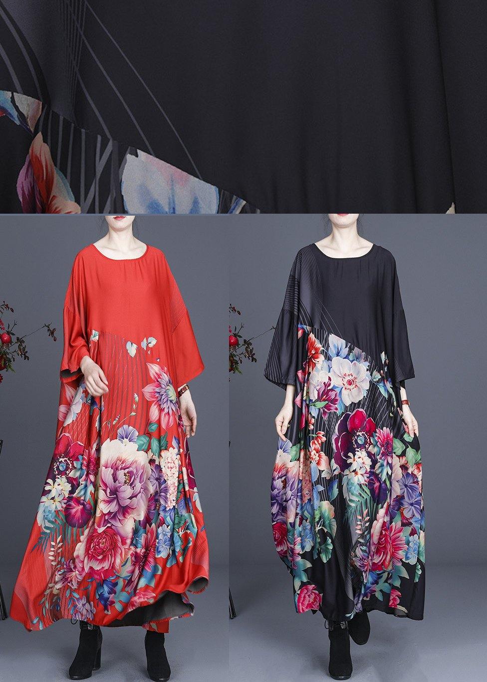 Fine Red Print O-neck Long Silk Dress Summer