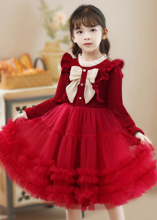 Fine Red Ruffled Patchwork Tulle Baby Princess Dress Fall