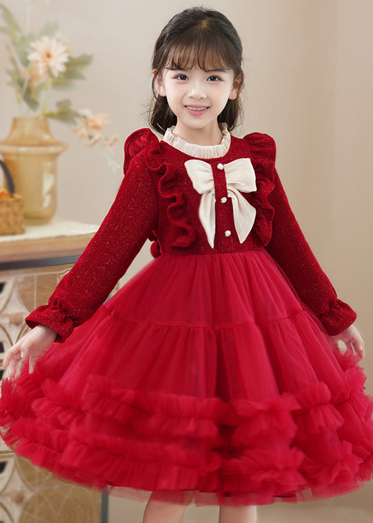 Fine Red Ruffled Patchwork Tulle Baby Princess Dress Fall