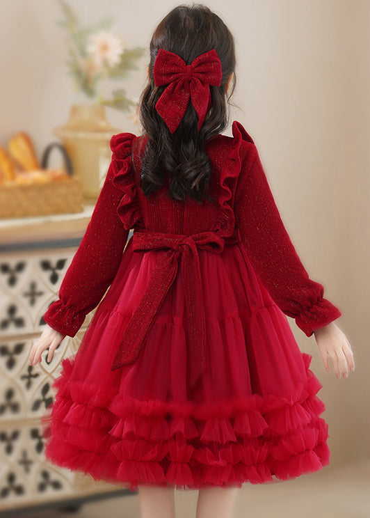 Fine Red Ruffled Patchwork Tulle Baby Princess Dress Fall