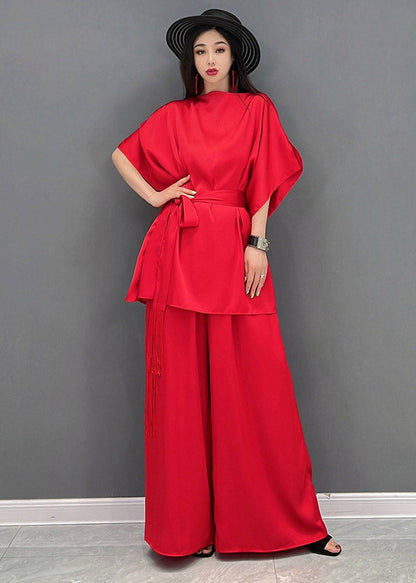 Fine Red Slash Neck Top and Long Pants Two Piece Set Summer