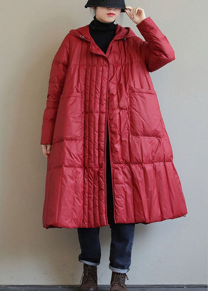 Fine Red Hooded Zippered Circle Winter Duck Down Coat
