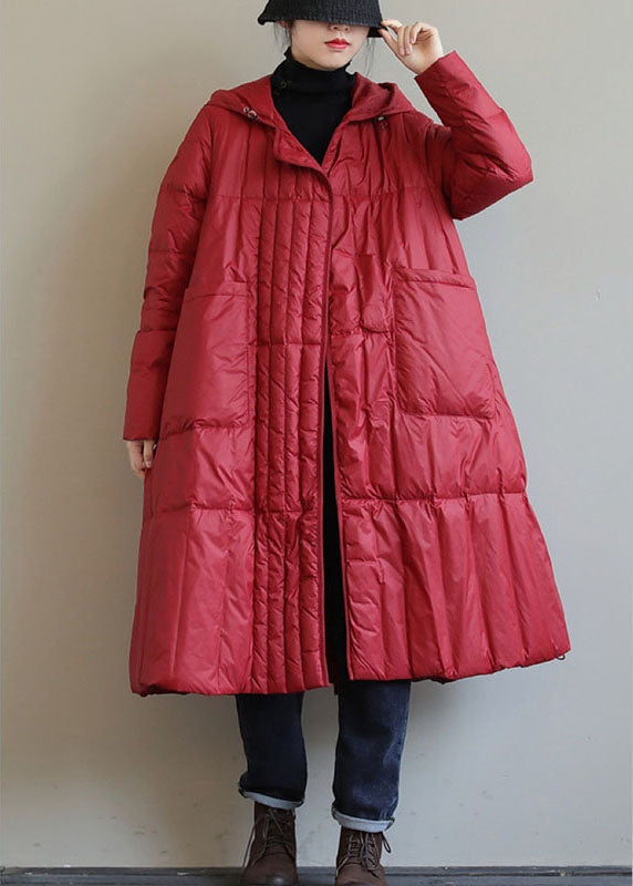 Fine Red Hooded Zippered Circle Winter Duck Down Coat