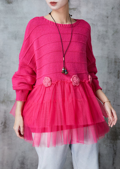 Fine Rose Patchwork Tulle Knit Sweater Tops Spring