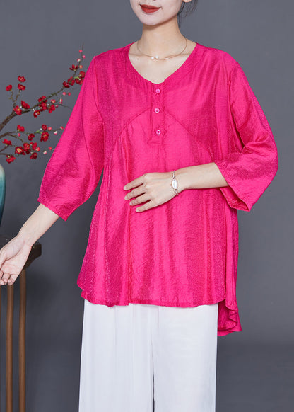 Fine Rose O-neck Patchwork Silk Shirt Tops Bracelet Sleeve