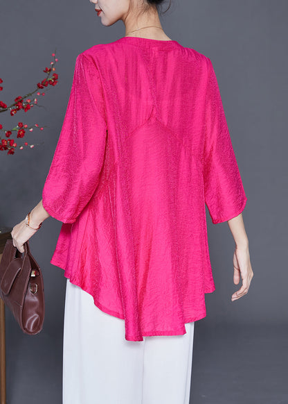 Fine Rose O-neck Patchwork Silk Shirt Tops Bracelet Sleeve