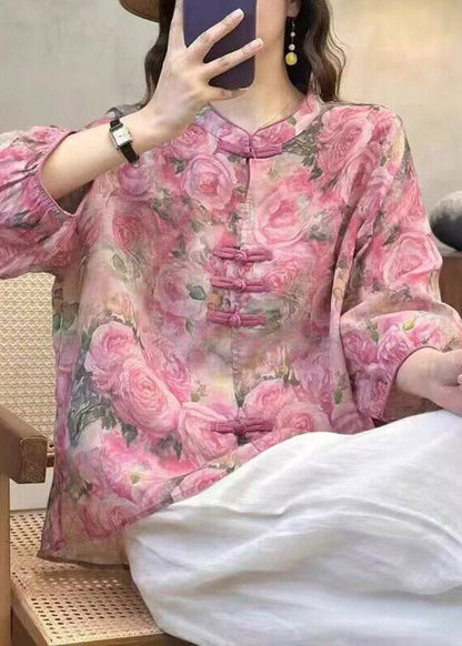 Fine Rose Stand Collar Print Linen Top Fall