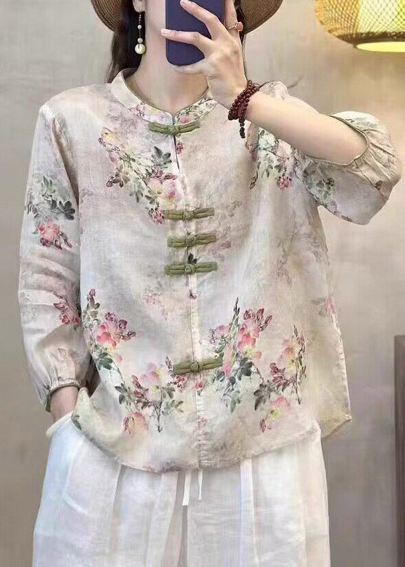 Fine Rose Stand Collar Print Linen Top Fall