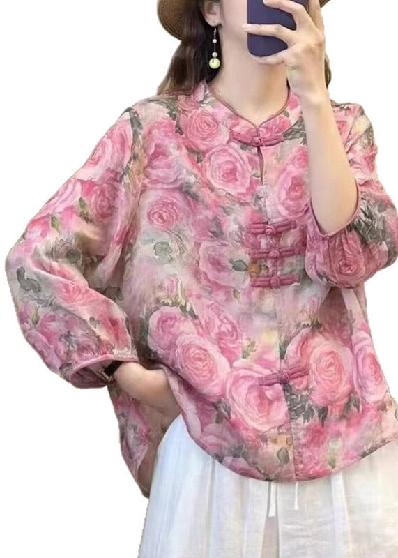Fine Rose Stand Collar Print Linen Top Fall