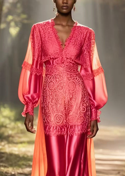Fine Rose V Neck Patchwork Lace Silk Vestidos Dress Spring